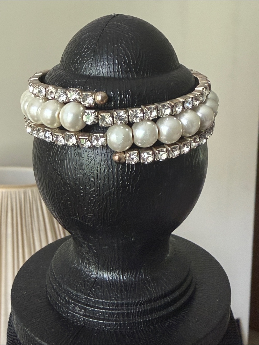 Pearl and Rhinestone Wrap Bracelet - White Pearls, Silver Rhinestones